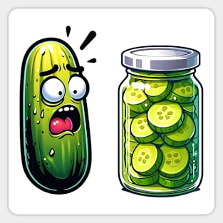 Horrified Cucumber Sees Jar of Sliced Pickles funny design Sticker